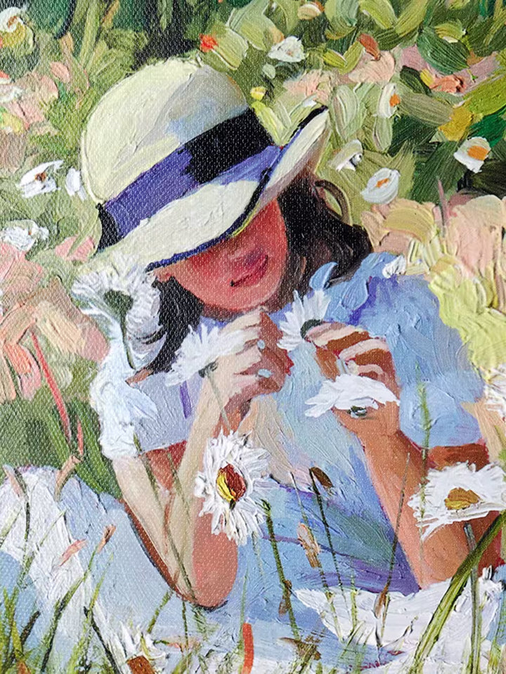 A Sherree Valentine Daines limited edition of a girl in a summer dress and hat playing with daisies, the title is Daisy Whispers