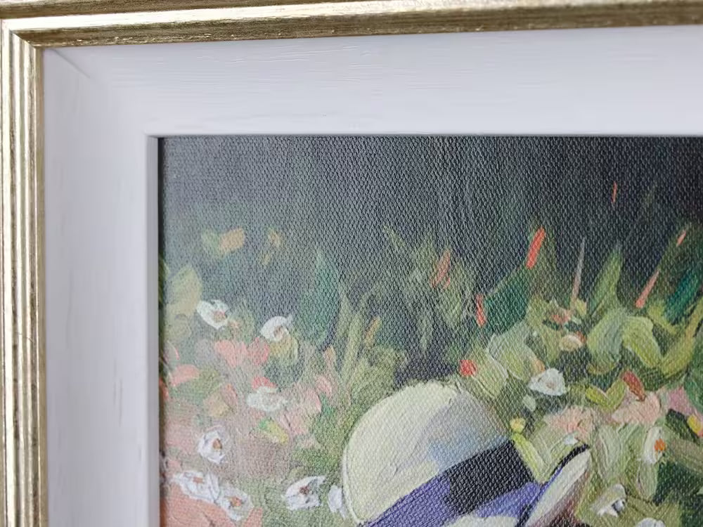 A Sherree Valentine Daines limited edition of a girl in a summer dress and hat playing with daisies, the title is Daisy Whispers