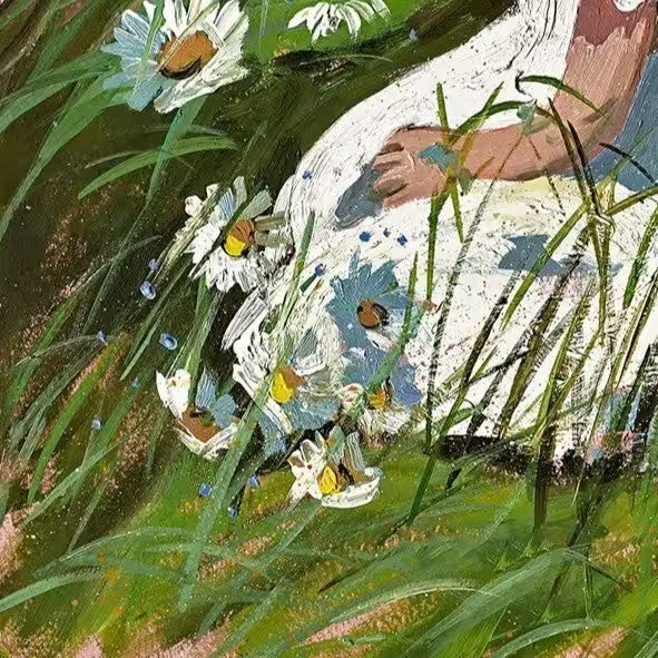 A Sherree Valentine Daines limited edition of a girl in a white dress kneeling and picking daisies, the title is Daisy Delight