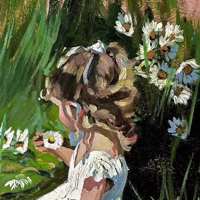 A Sherree Valentine Daines limited edition of a girl in a white dress kneeling and picking daisies, the title is Daisy Delight