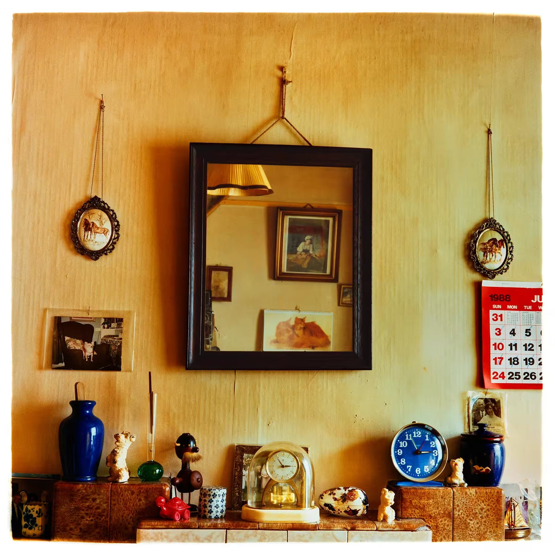 A limited edition photograph by Richard Heeps using vibrant colours, the title is Daisy's Mantlepiece, Cambridge, 1990