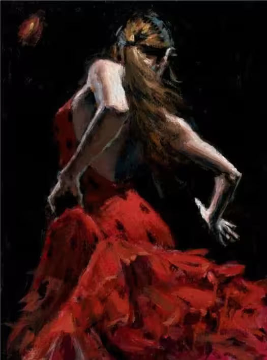 A Fabian Perez limited edition piece of a flamenco dancer in a red dress, the title is Dancer in Red
