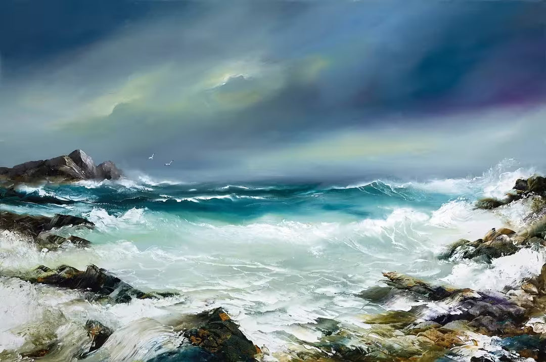 A Philip Gray limited edition of stormy waves crashing into rocks and some birds flying in the distance, the title is Dancing Tides