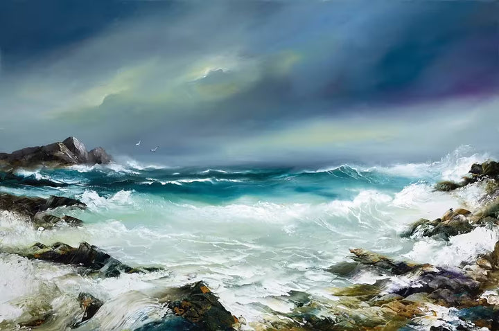 A Philip Gray limited edition of stormy waves crashing into rocks and some birds flying in the distance, the title is Dancing Tides