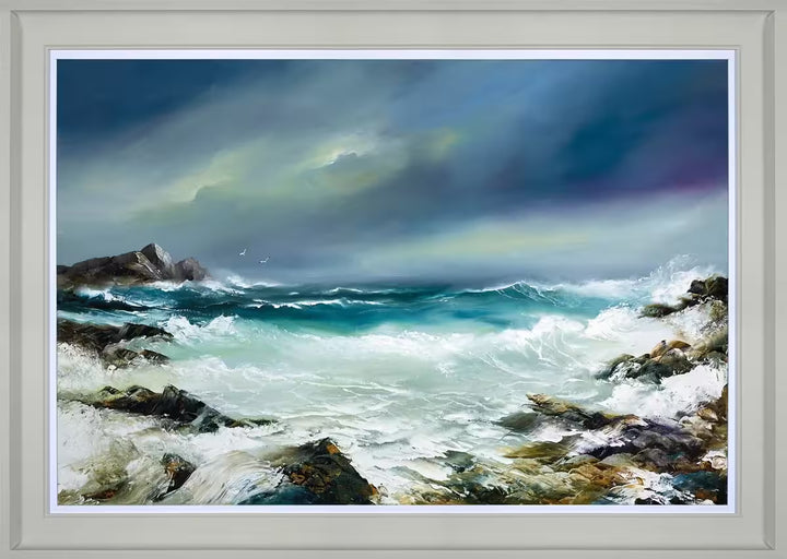 A Philip Gray framed limited edition of stormy waves crashing into rocks and some birds flying in the distance, the title is Dancing Tides