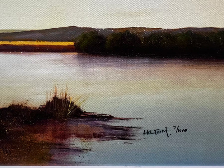 A Barry Hilton limited edition of a lake with a sunrise, the title is Dawn Skies