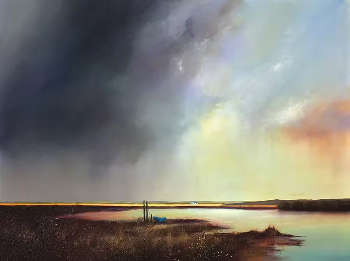 A Barry Hilton limited edition of a lake with a sunrise, the title is Dawn Skies