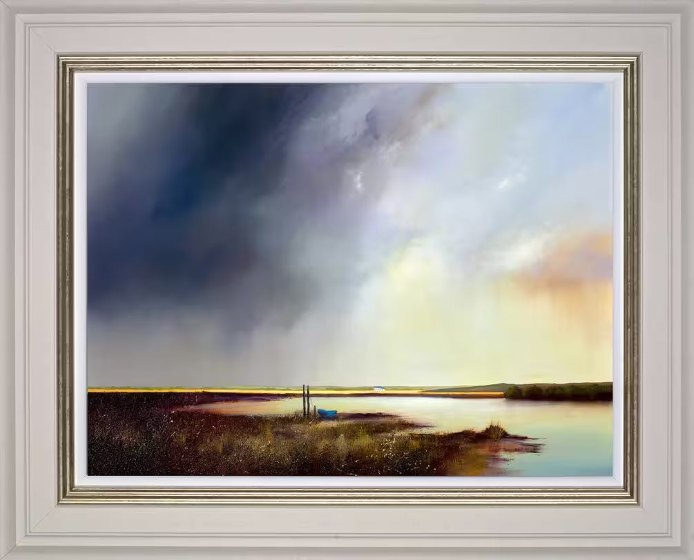 A Barry Hilton framed limited edition of a lake with a sunrise, the title is Dawn Skies