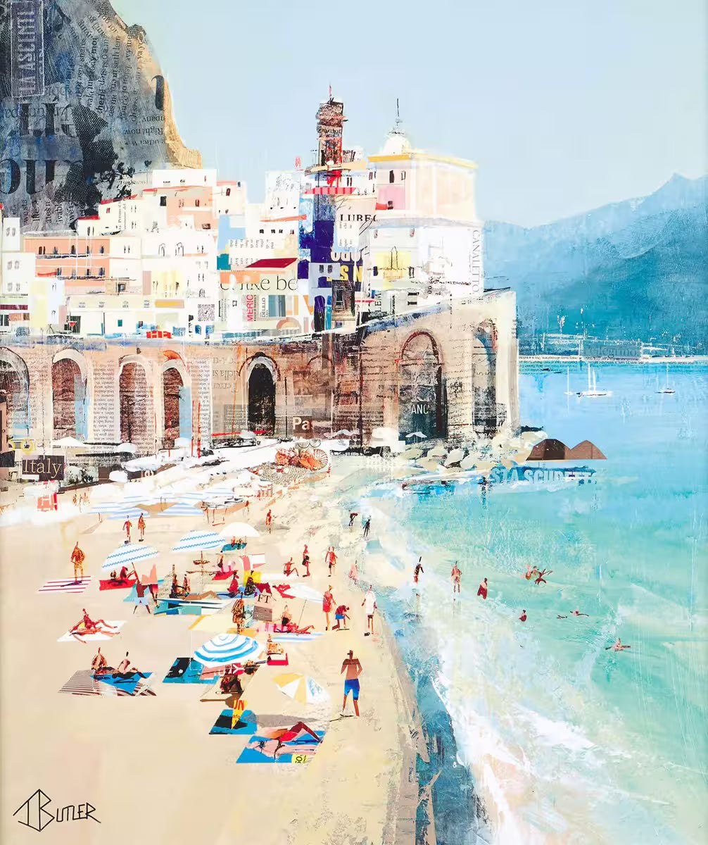 A Tom Butler limited edition of a coastline and big building, the title is Days Like These