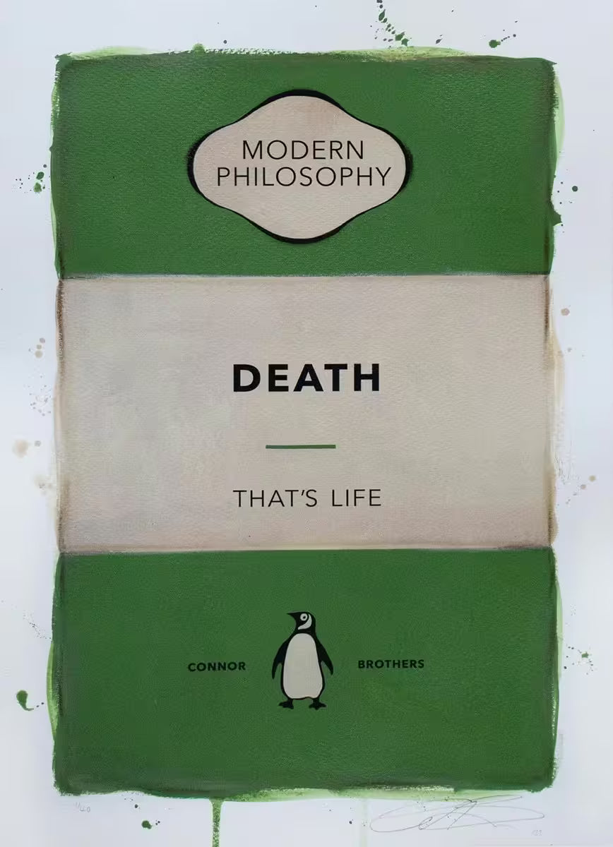 A limited edition print by The Connor Brothers of a penguin book cover with a witty line across the front, the title is Death: That's Life (Green)