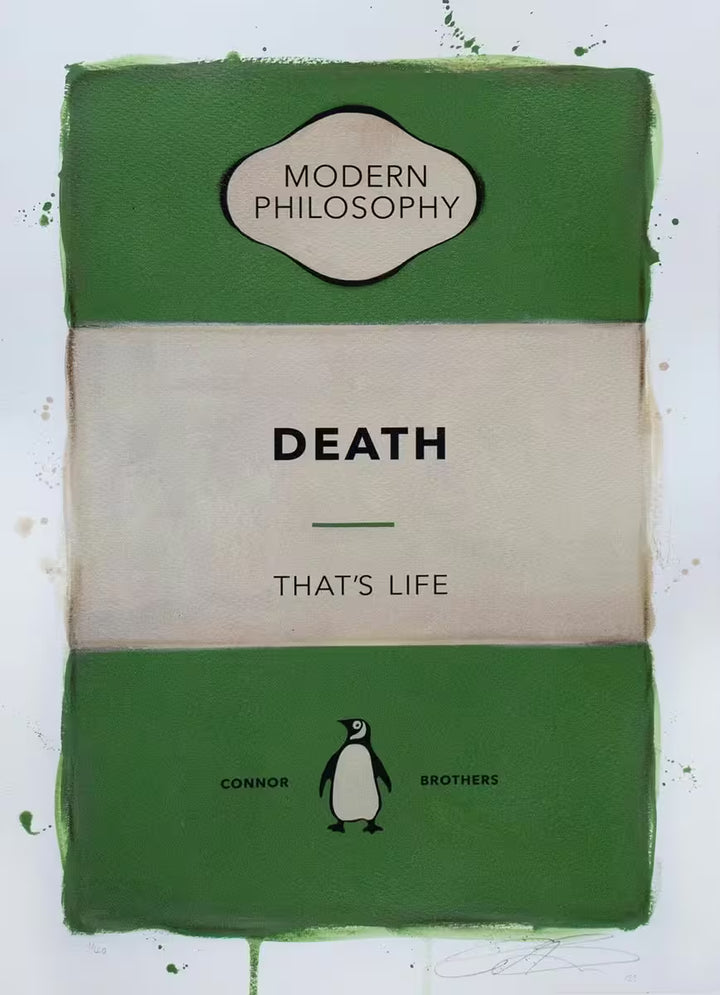 A limited edition print by The Connor Brothers of a penguin book cover with a witty line across the front, the title is Death: That&