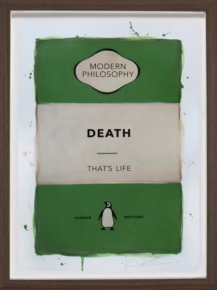 A limited edition framed print by The Connor Brothers of a penguin book cover with a witty line across the front, the title is Death: That&
