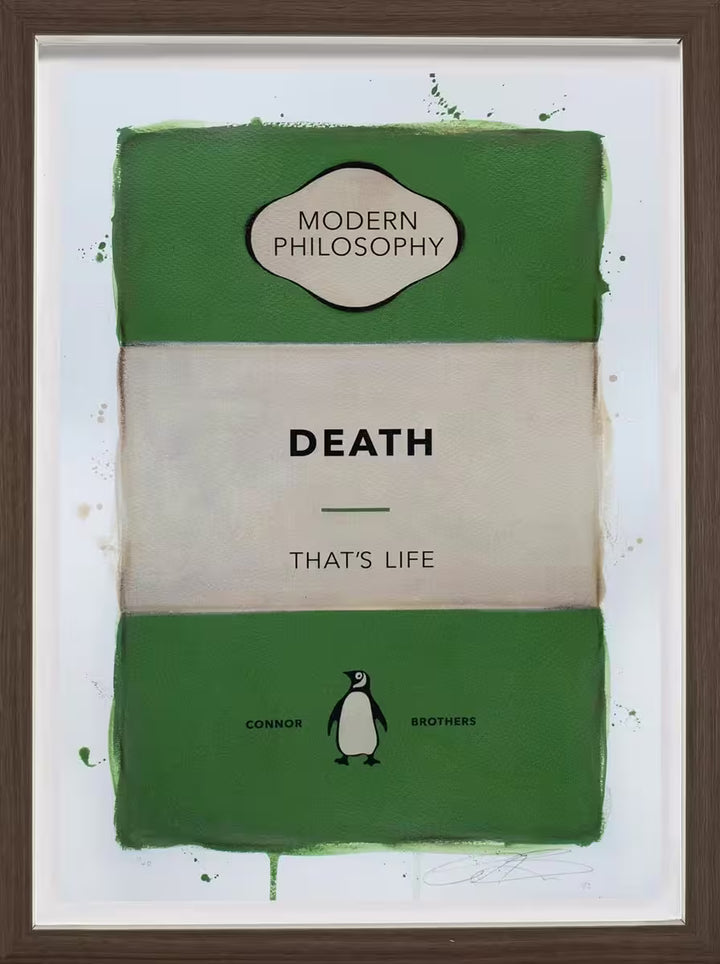 A limited edition framed print by The Connor Brothers of a penguin book cover with a witty line across the front, the title is Death: That&