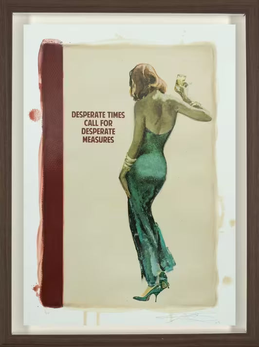 A limited edition framed piece by The Connor Brothers of a lady in a green dress turned away holding a drink, the title is Desperate Times
