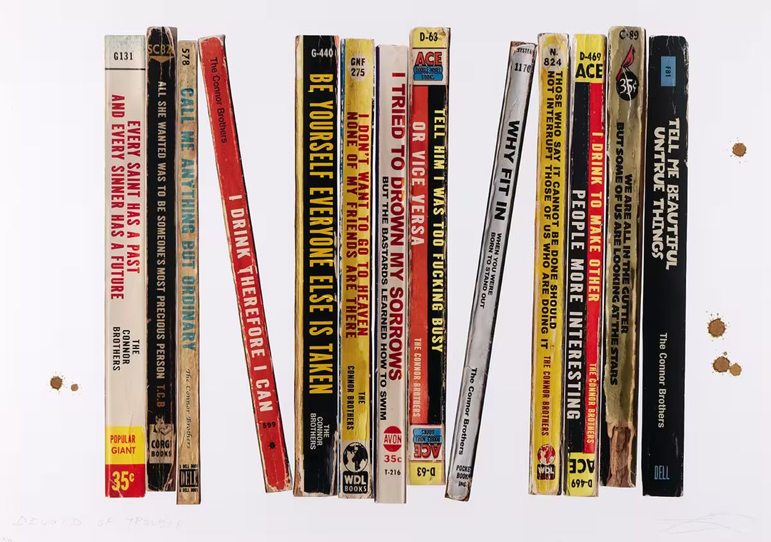 Collection of books with various titles on a white background by the connor brothers
