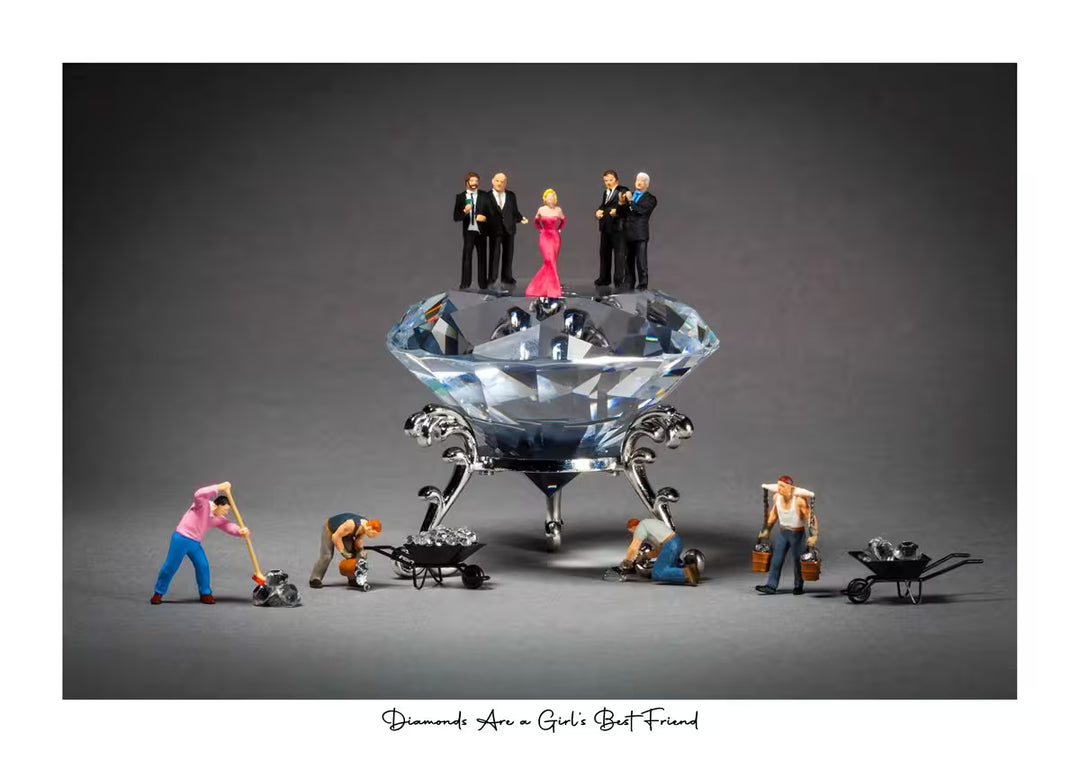 Small model figures around a large diamond on a dark background with text 'Diamonds Are a Girl's Best Friend'. Diamonds Are A Girl's Best Friend by Mr Kuu