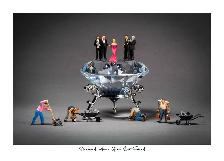 Small model figures around a large diamond on a dark background with text &