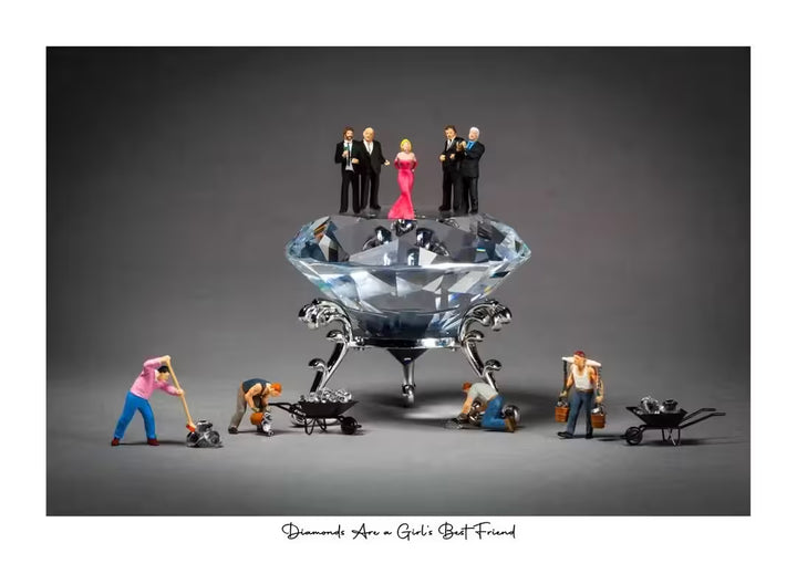 A Mr Kuu limited edition of a diamond with people stood on top of it and people working around it, the title is Diamonds Are A Girl&