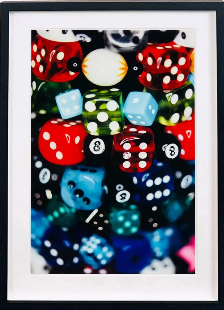A framed limited edition photograph by Richard Heeps using vibrant colours, the title is Dice I, 2004
