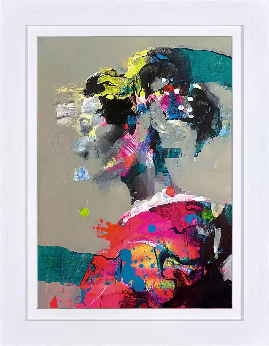 A framed limited edition by Christian Hook of a geisha, her face is blurred and her dress and headpiece is full of bright colours, the title is Drawings From Somewhere Else II
