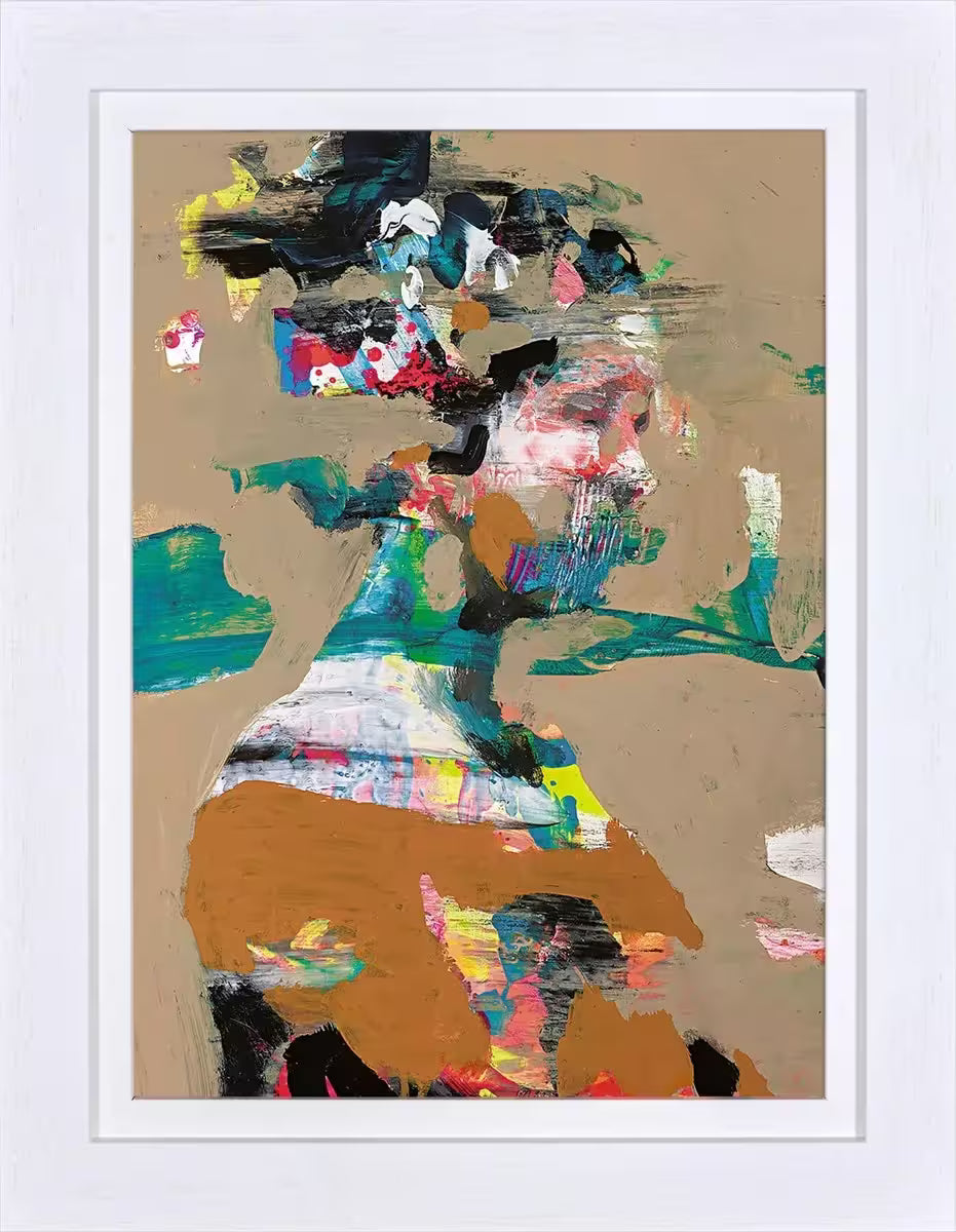 A framed limited edition by Christian Hook of a geisha, her face is blurred and her dress and headpiece is full of bright colours, the title is Drawings From Somewhere Else III