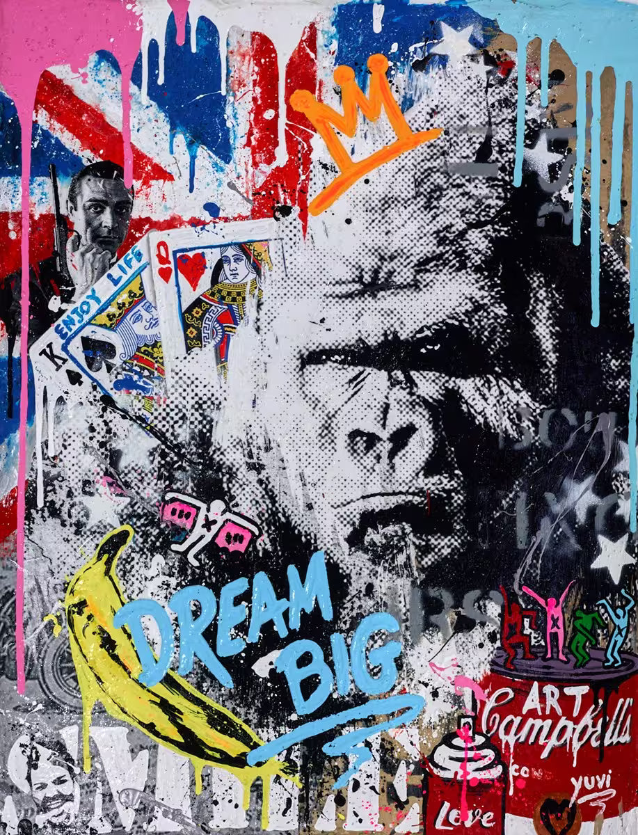 A Yuvi mixed media original of pop iconography, the title is Dream Big