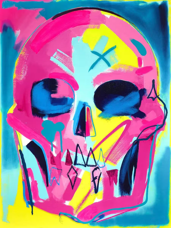 A Tim Fowler limited edition of a neon coloured skull, the title is Dreamscape