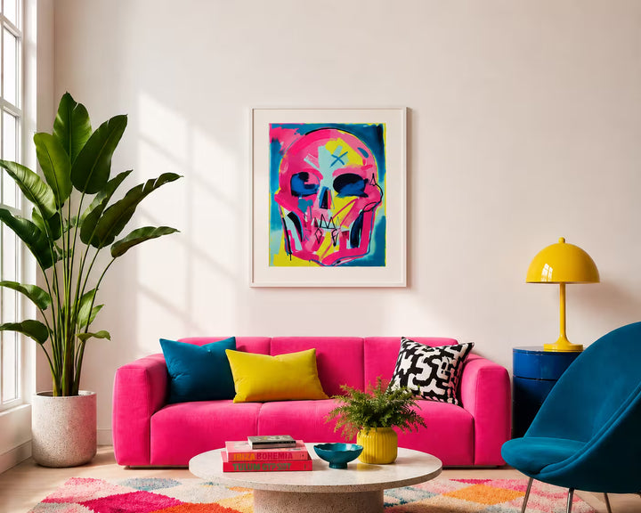 A Tim Fowler limited edition of a neon coloured skull, the title is Dreamscape