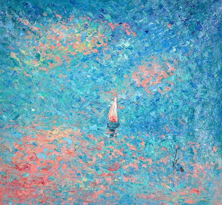 An Inam original of a sailing boat on s peach and teal sea, the title is Drifting Away