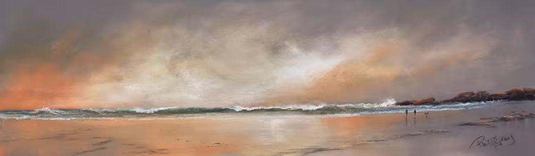 A Philip Gray original of a sunset beach and two people walking, the title Echoes of the Gentle Sea II