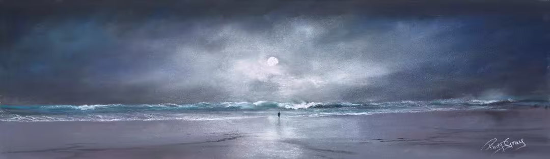 A Philip Gray original of a grey coastline at night, the title is Echoes of the Gentle Sea III