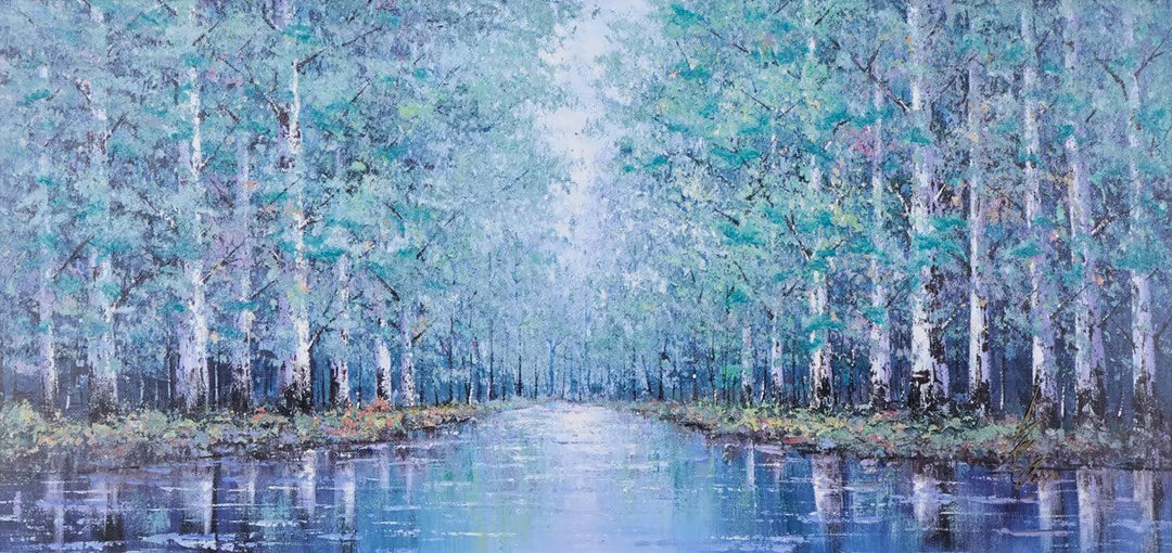 Painting of a serene forest scene with trees reflected in water by Inam