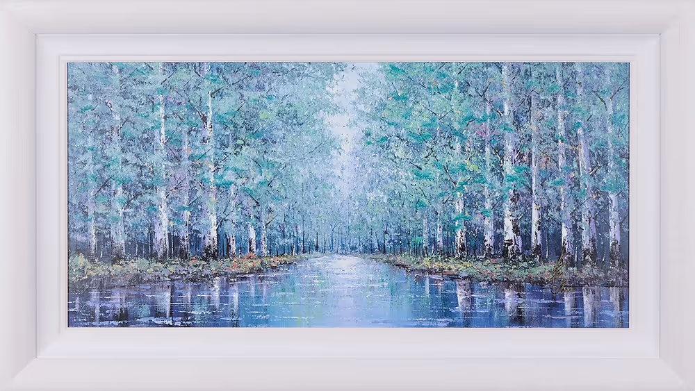 Framed artwork of a serene forest scene with trees and water by Inam