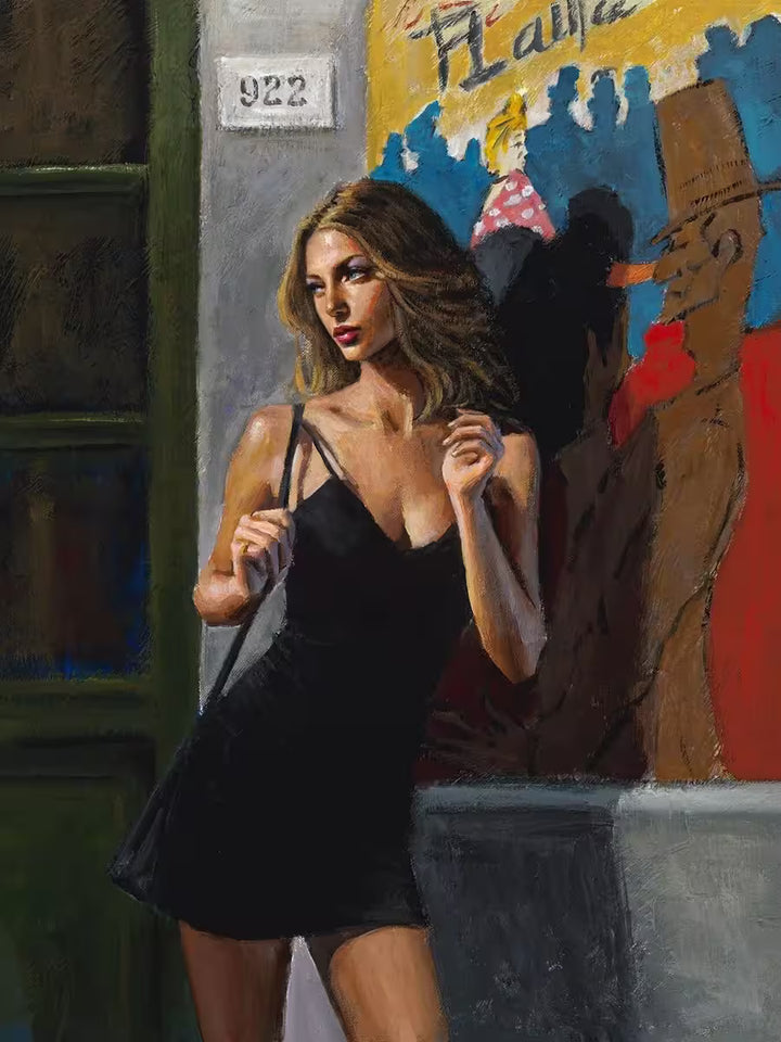 A Fabian Perez limited edition of a girl in a black dress leant against a wall, the title is Eden in Tolouse