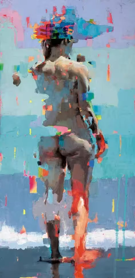 A limited edition piece by Christian Hook of a nude person with their back facing, they are distorted and parts of them are bright neon, the title is Electronica
