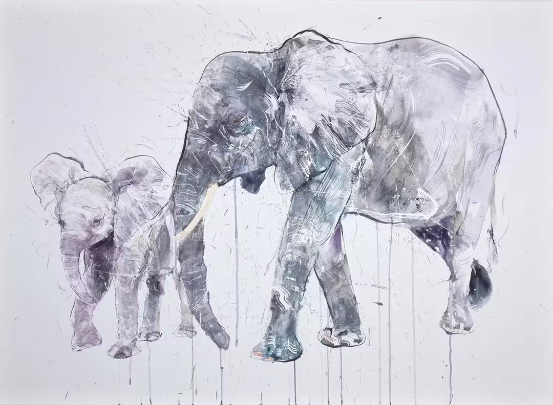A Dave White limited edition of an elephant and calf walking, the title is Elephant and Calf