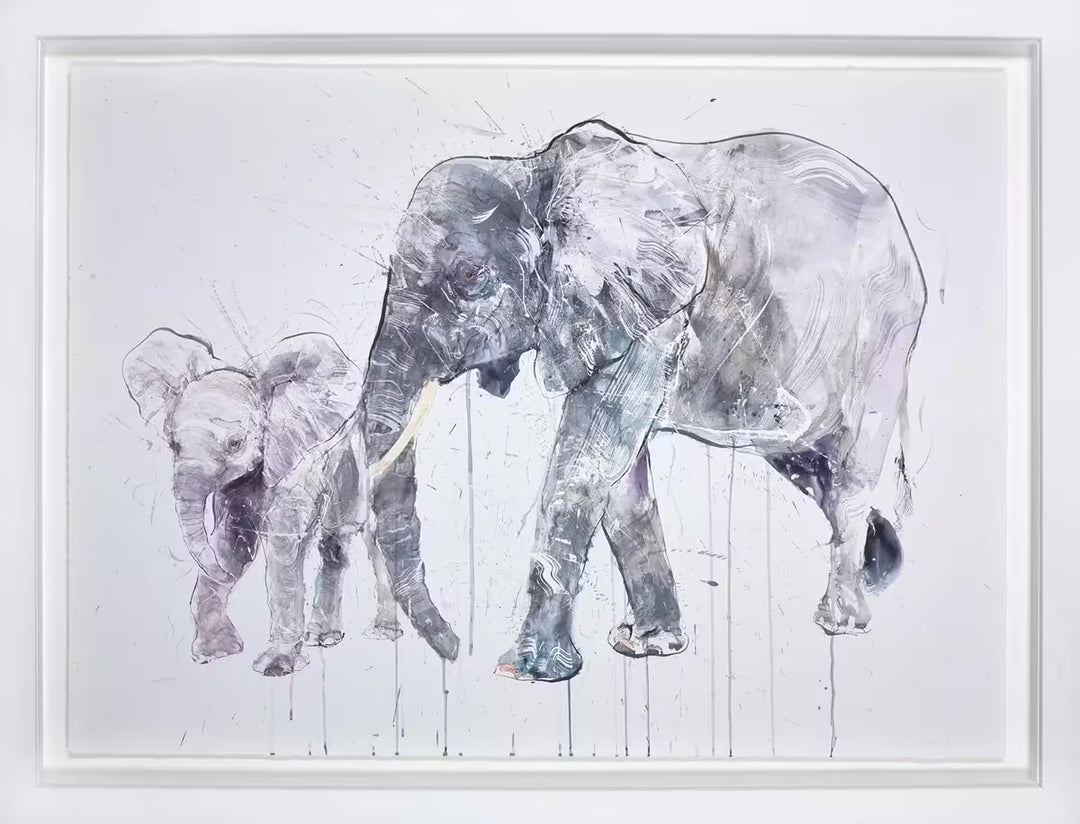 A Dave White limited edition of an elephant and calf walking, the title is Elephant and Calf