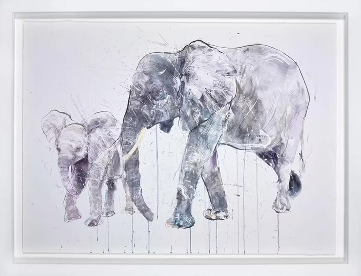 A Dave White limited edition of an elephant and calf walking, the title is Elephant and Calf