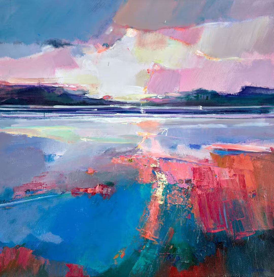 Abstract painting with a mix of blue, pink, and green colours. Estuary Glow III by Magdalena Morey