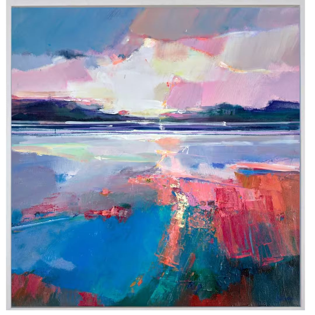 Abstract painting with colorful reflections on water,  Estuary Glow III by Magdalena Morey