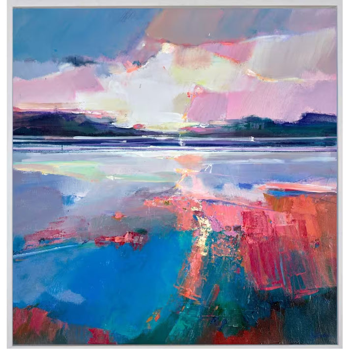 Abstract painting with colorful reflections on water,  Estuary Glow III by Magdalena Morey