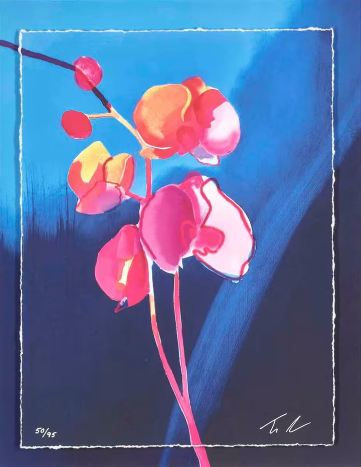 A Tim Fowler limited edition piece of a neon flower, the title is Ethereal