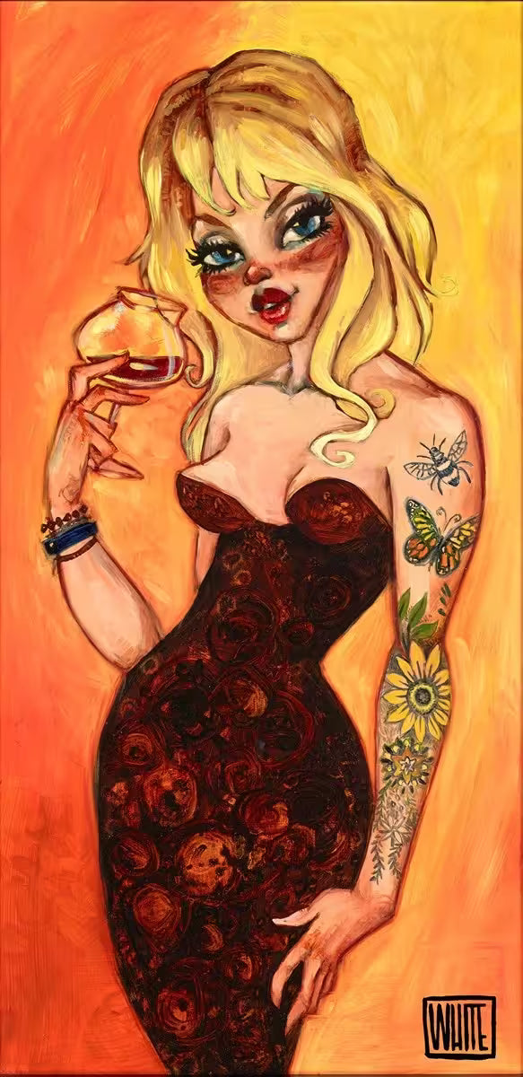 A Todd White limited edition of a blonde lady in a red dress with a sleeve of tattoos drinking wine, the title is Even Broken Crayons Still Colour