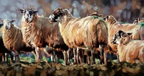 A Debbie Boon limited edition piece of a flock of sheep, the title is Evening Flock