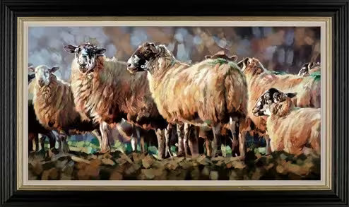 A Debbie Boon framed limited edition piece of a flock of sheep, the title is Evening Flock