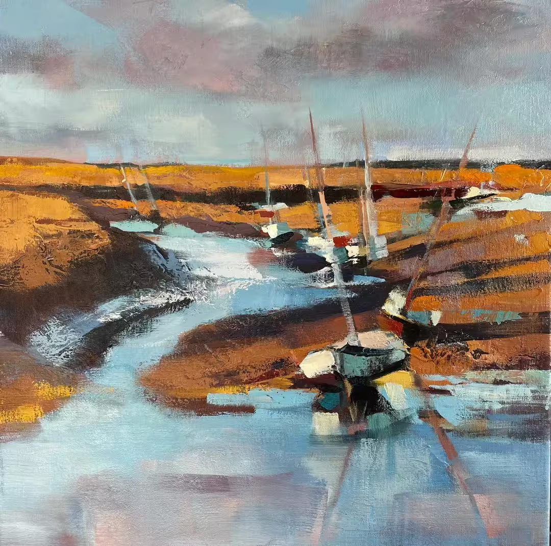 A Debbie Boon original of boats on a low tide, the title is Evening Low Tide Wells