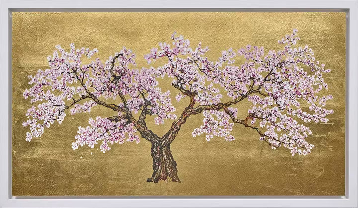 Cherry blossom tree on gold background in a white frame, Everbloom by Jack Frame