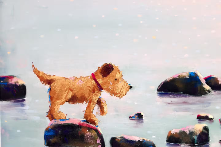 A Doug Hyde limited edition of a person stood on stepping stones with their dog trying to cross, the title is Every Step of the Way