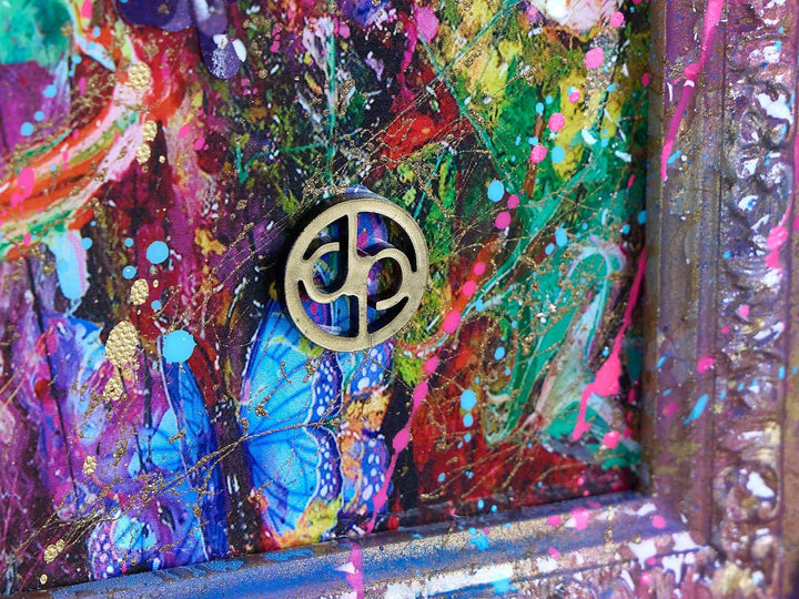 A Dan Pearce limited edition mixed media of colourful grasses with bright butterflies and paint splatters, the title is Evolution