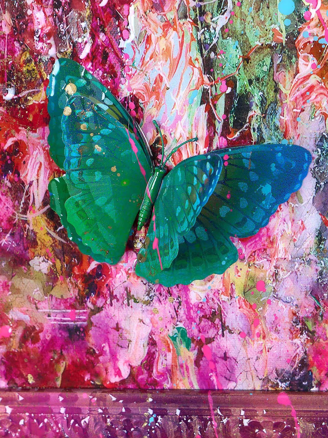A Dan Pearce limited edition mixed media of colourful grasses with bright butterflies and paint splatters, the title is Evolution